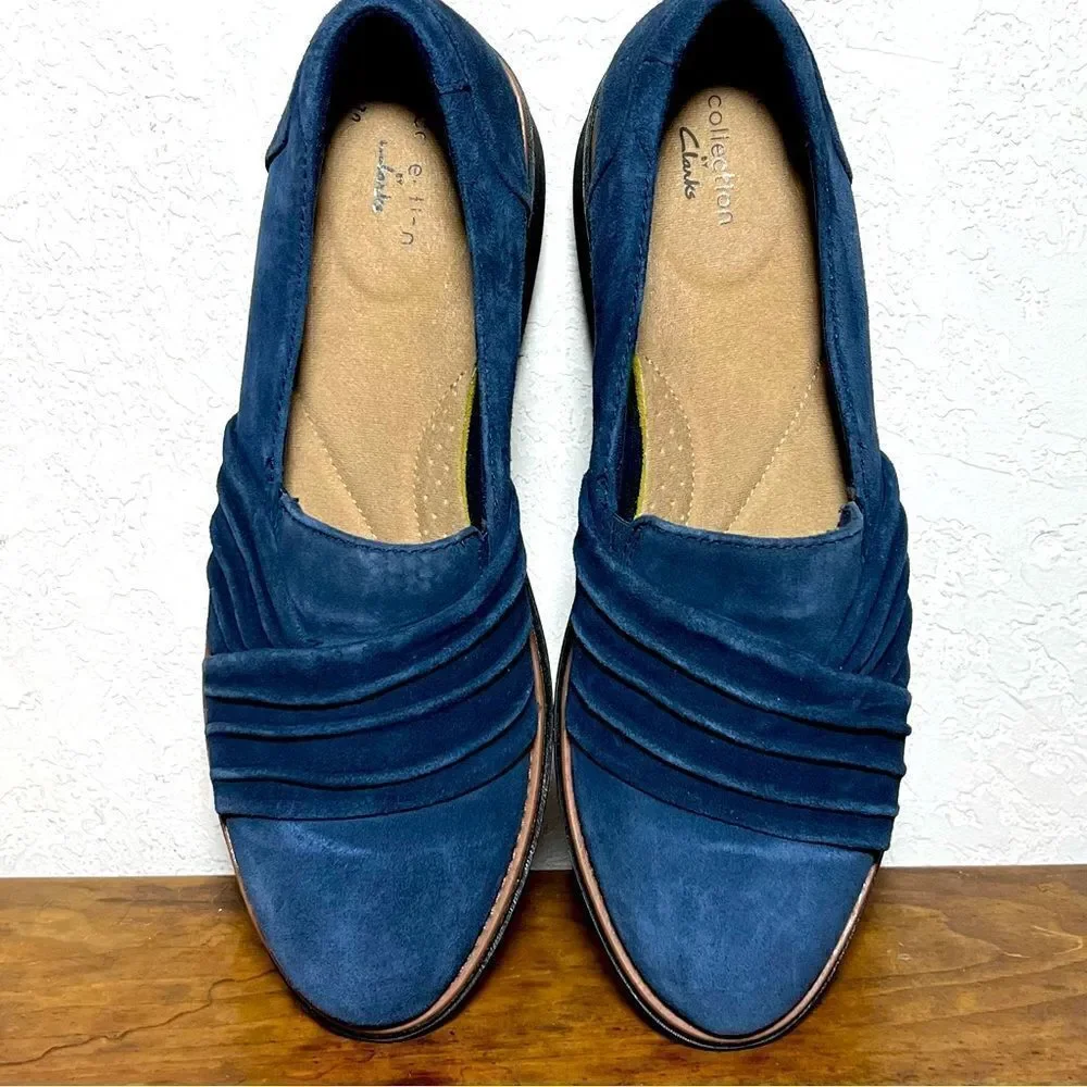 Clarks Collection‎ Sharon Villa Slip On Loafers Blue Suede Flatform Womens 9.5